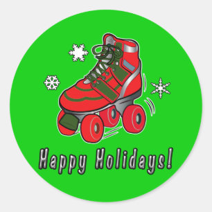 Sticker Rond Joyeuses fêtes avec Noël Roller Skate