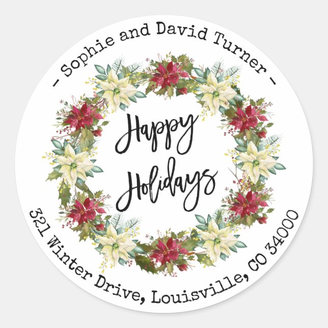 Sticker Rond Joyeuses Fêtes Chic Script Poinsettia Monogramme (Devant)