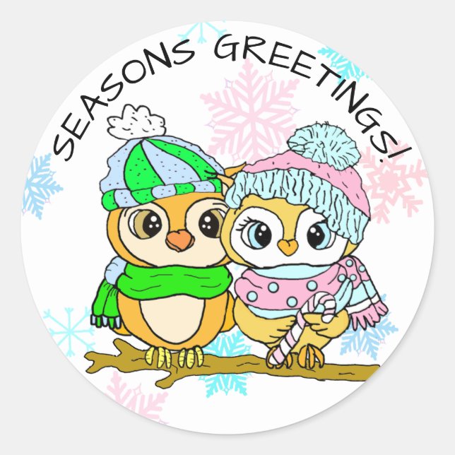 Sticker Rond Joyeuses Fêtes Cute Owl Couple Noël (Devant)