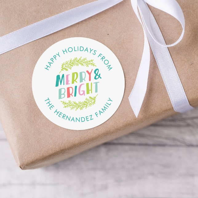 Sticker Rond Joyeuses Fêtes de fin d'année Merry et Bright (Créateur téléchargé)