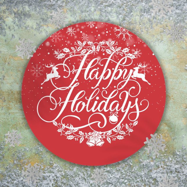 Sticker Rond Joyeuses fêtes de neige flocons Noël rouge (Happy Holidays Snowflakes Red Christmas Classic Round Sticker)