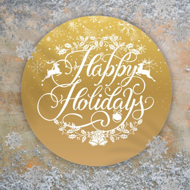 Sticker Rond Joyeuses Fêtes de Noël flocons d'or (Gold Happy Holidays Snowflakes Christmas Classic Round Sticker)
