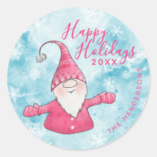 Sticker Rond Joyeuses fêtes Elégant bleu rose Gnome Noël