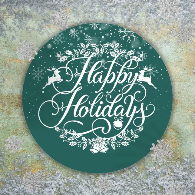 Sticker Rond Joyeuses Fêtes Flocons de Neige Noël Vert (Happy Holidays Snowflakes Green Christmas Classic Round Sticker)