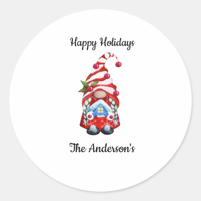 Sticker Rond Joyeuses Fêtes Gnome de Noël Rouge  (Devant)