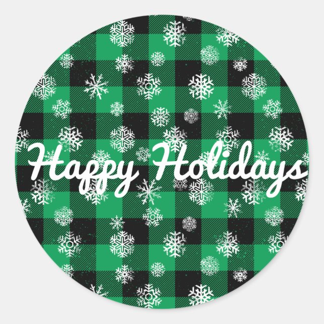 Sticker Rond Joyeuses fêtes l Snowflakes Green Buffalo Plaid (Devant)