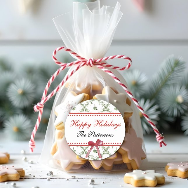 Sticker Rond Joyeuses fêtes Mistletoe Red Bow Custom Christmas (Créateur téléchargé)