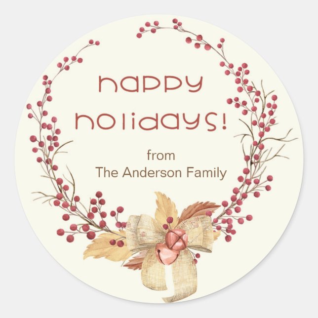 Sticker Rond Joyeuses fêtes naturelles Berry Wreath (Devant)