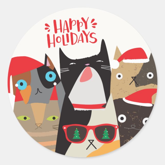 Sticker Rond Joyeuses fêtes ! Noël des caricatures de chats de  (Devant)