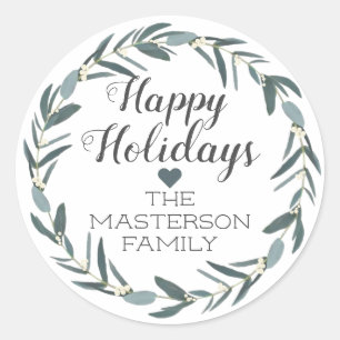 Sticker Rond Joyeuses fêtes Noël Eucalyptus Wreath
