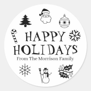 Sticker Rond Joyeuses fêtes noir blanc nom personnalisé migno
