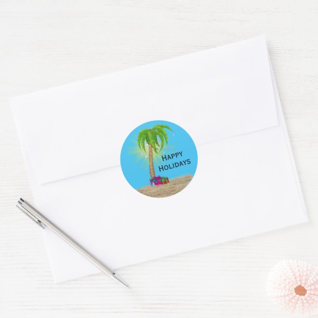 Sticker Rond Joyeuses Fêtes Palmier dans le Sable  (Enveloppe)