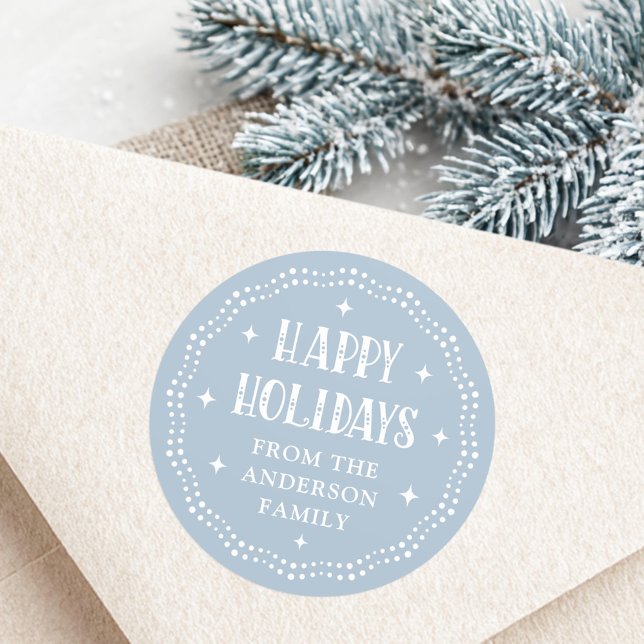 Sticker Rond Joyeuses Fêtes police festive point bordure bleu c (Happy Holidays festive font dot border light blue Classic Round Sticker)