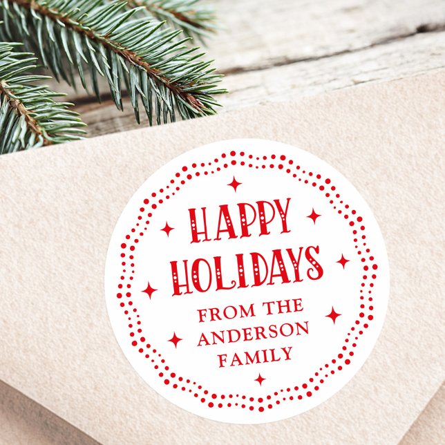 Sticker Rond Joyeuses Fêtes police festive point bordure rouge  (Happy Holidays festive font dot border red white Classic Round Sticker)