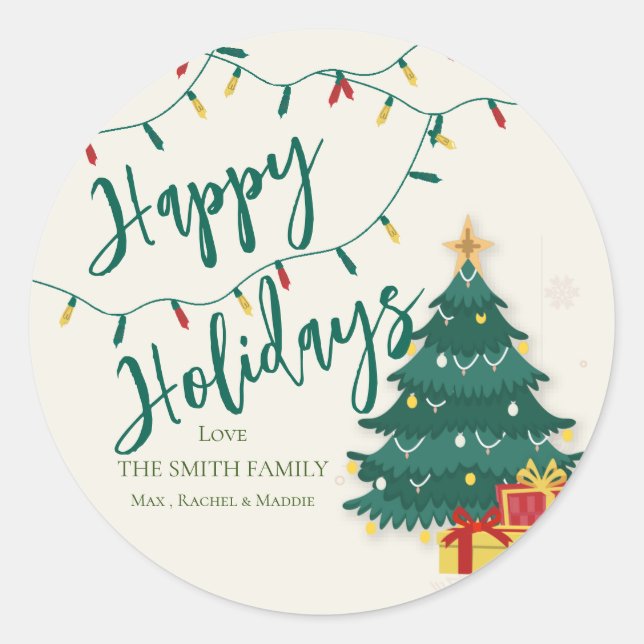 Sticker Rond Joyeuses fêtes String Lights Arbre mignonne Noël (Devant)