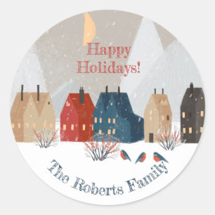 Sticker Rond Joyeuses Fêtes Village de campagne Scène hivernale