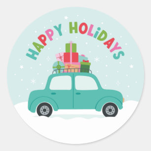Sticker Rond Joyeuses Fêtes Voiture avec Cadeaux en Bleu Aqua