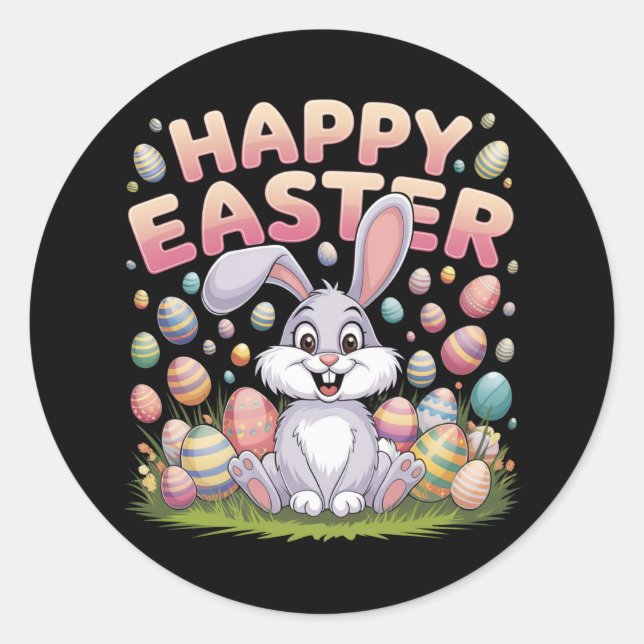Sticker Rond Joyeuses Pâques 2025  Œufs Lapin Mignon (Devant)