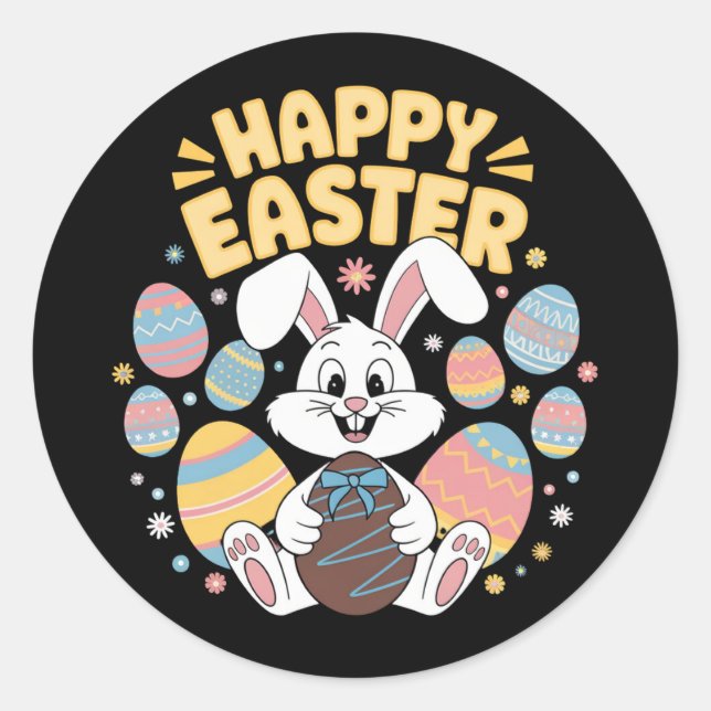 Sticker Rond Joyeuses Pâques 2025  Œufs Lapin Mignon (Devant)