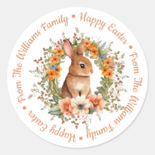 Sticker Rond joyeuses pâques aquarelle floral lapin orange écri