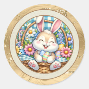Sticker Rond Joyeuses Pâques avec un lapin mignon, des œufs et