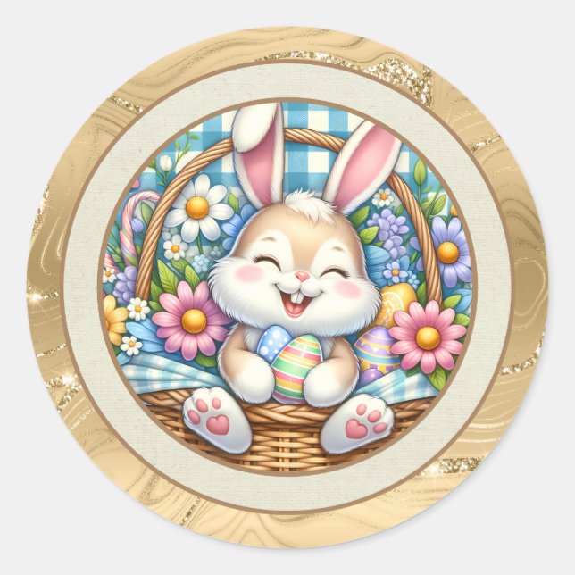 Sticker Rond Joyeuses Pâques avec un lapin mignon, des œufs et  (Devant)