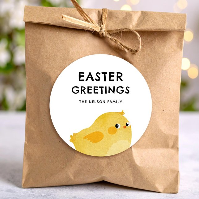 Sticker Rond Joyeuses Pâques avec un petit poulet jaune (Créateur téléchargé)