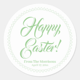 Sticker Rond Joyeuses Pâques cœurs verts bordure script personn