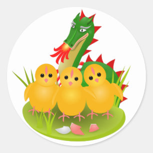Sticker Rond Joyeuses Pâques de trois poussins et Dragon de Mon
