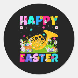 Sticker Rond Joyeuses Pâques drôle floral cor d'harmonie Pâques