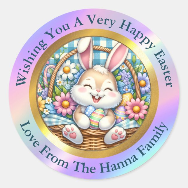 Sticker Rond Joyeuses Pâques I Lapin Mignon dans un Panier Cade (Devant)