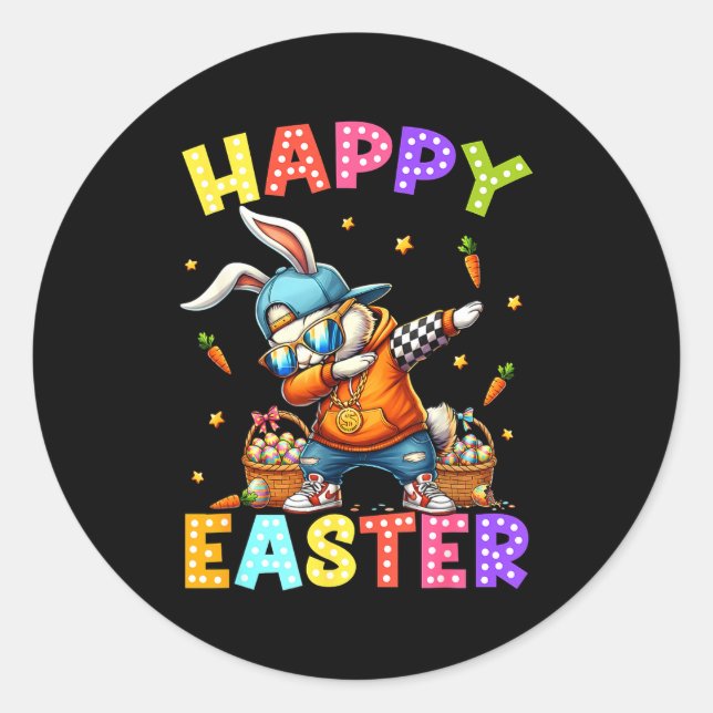 Sticker Rond Joyeuses Pâques Lapin Drôle Dabbing Dab Danse  (Devant)