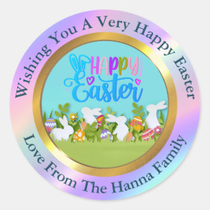 Sticker Rond Joyeuses Pâques - Lapin et œufs floraux