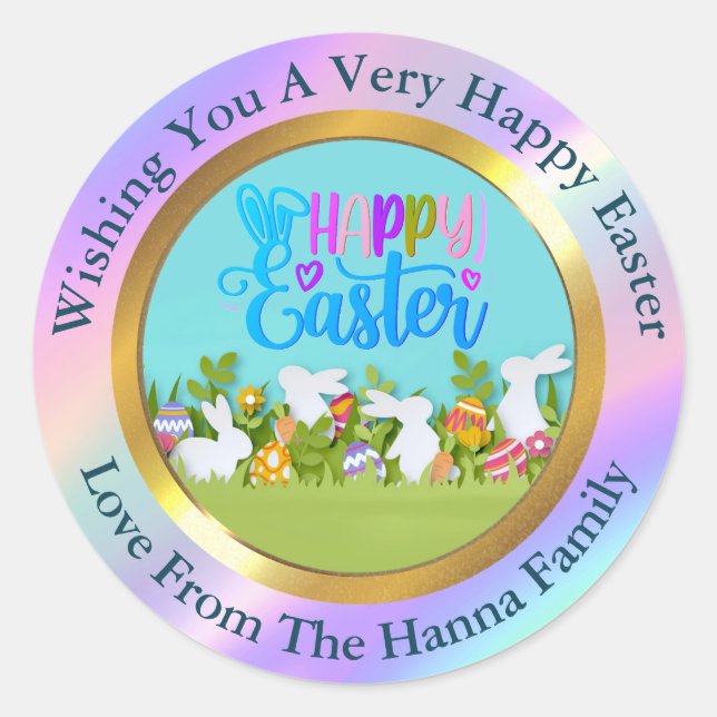 Sticker Rond Joyeuses Pâques - Lapin et œufs floraux (Devant)