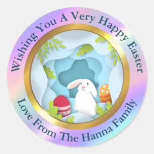 Sticker Rond Joyeuses Pâques - Lapin Floral & Œufs Favori