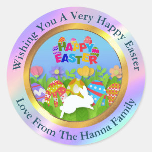 Sticker Rond Joyeuses Pâques - Lapin Floral & Œufs Favori