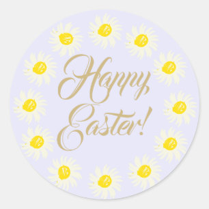 Sticker Rond Joyeuses Pâques lilas écriture jolie daisy cadre f