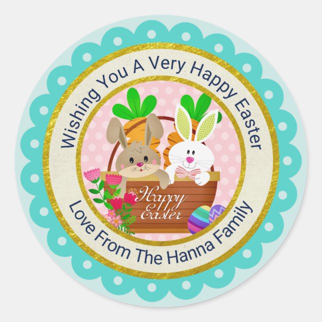 Sticker Rond Joyeuses Pâques, Panier de Lapin Mignon & Œufs Col (Devant)
