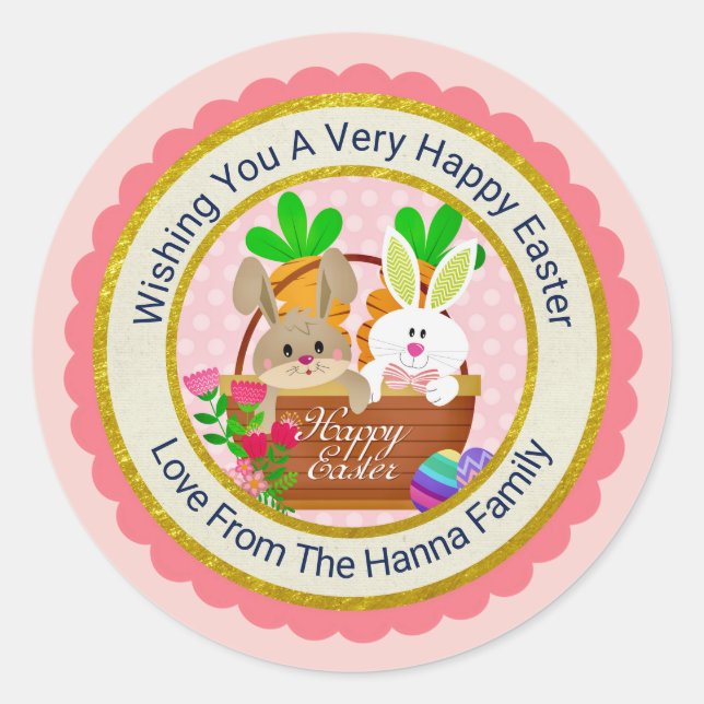 Sticker Rond Joyeuses Pâques, Panier de Lapin Mignon & Œufs Col (Devant)