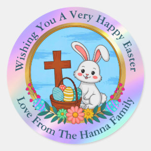 Sticker Rond Joyeuses Pâques religieuses, Lapin avec Croix & Œu