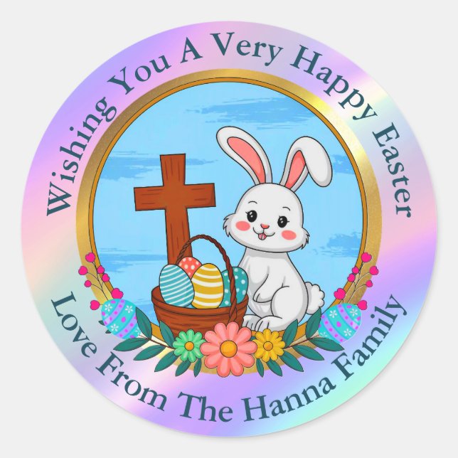 Sticker Rond Joyeuses Pâques religieuses, Lapin avec Croix & Œu (Devant)