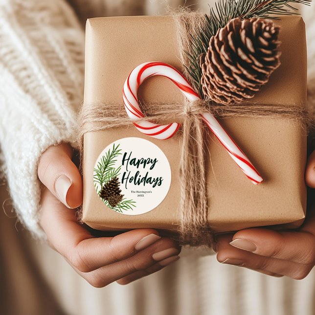 Sticker Rond Joyeuses Vacances Aquarelle Pine Végétation d'hive (Créateur téléchargé)