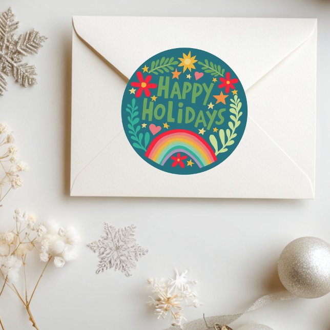 Sticker Rond Joyeuses Vacances Arc-en-ciel mignon à la main col (Happy Holidays Rainbow Cute Hand-drawn Colorful Classic Round Sticker
)