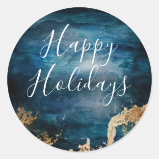 Sticker Rond Joyeuses Vacances Bleu & Or