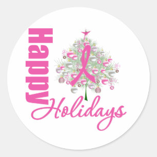 Sticker Rond Joyeuses vacances Cancer du sein Ruban rose