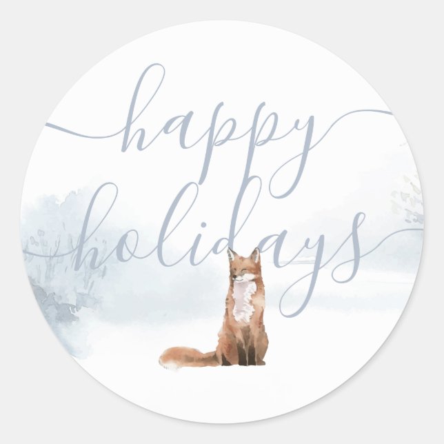 Sticker Rond Joyeuses vacances Élégant Script Winter Fox (Devant)