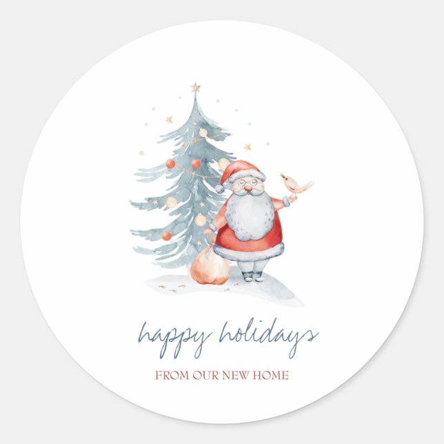 Sticker Rond Joyeuses Vacances, Père Noël, Pin Arbre (Devant)