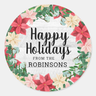 Sticker Rond Joyeuses vacances Poinsettia bois blanc