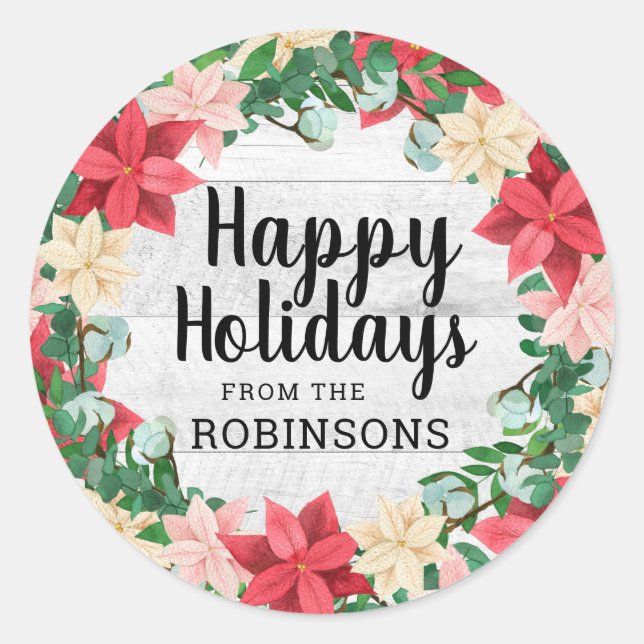 Sticker Rond Joyeuses vacances Poinsettia bois blanc (Devant)