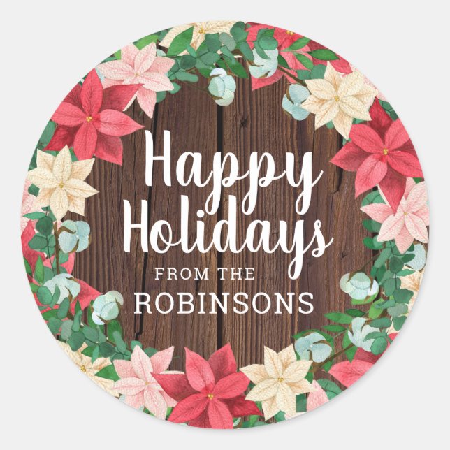 Sticker Rond Joyeuses vacances Poinsettia bois foncé (Devant)